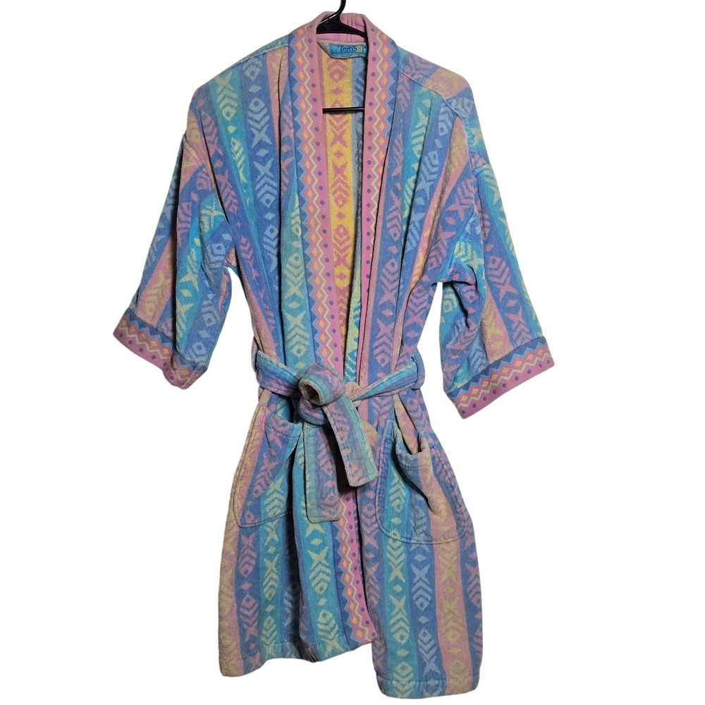 Vintage TerriSol Terry Cloth Robe OS Brazil Pastel Geometric Tribal Towel Beach